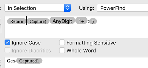 PowerFind search. Range: &quot;In Selection&quot;. Typed in &quot;Gen&quot;