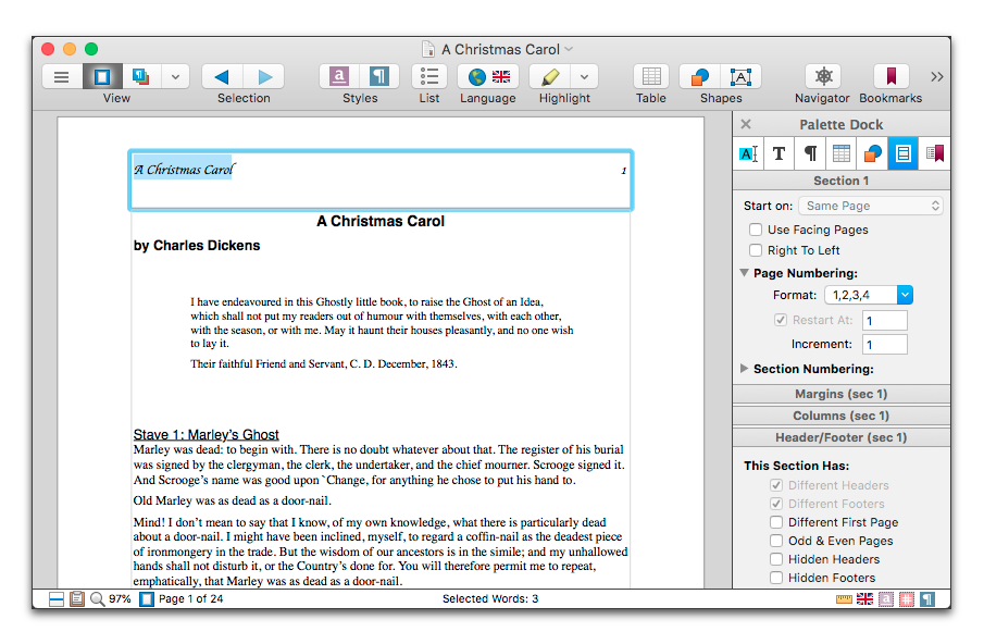 Header area of the Nisus Writer Pro window activated with the Palette Dock open.png