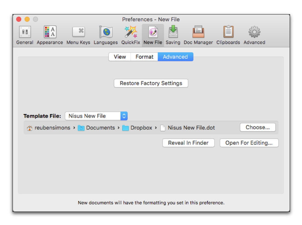 The Advanced portion of the New File preferences pane showing a different Nisus New File selected.png