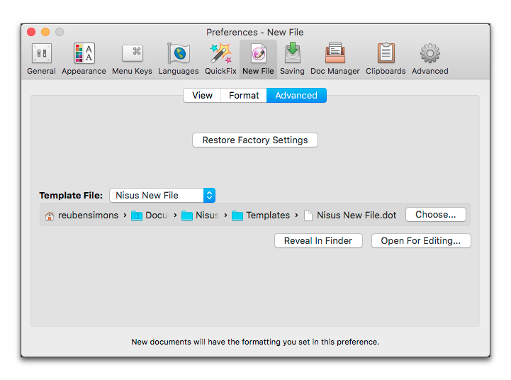 The Advanced portion of the New File preferences pane showing default location of the Nisus New File.png