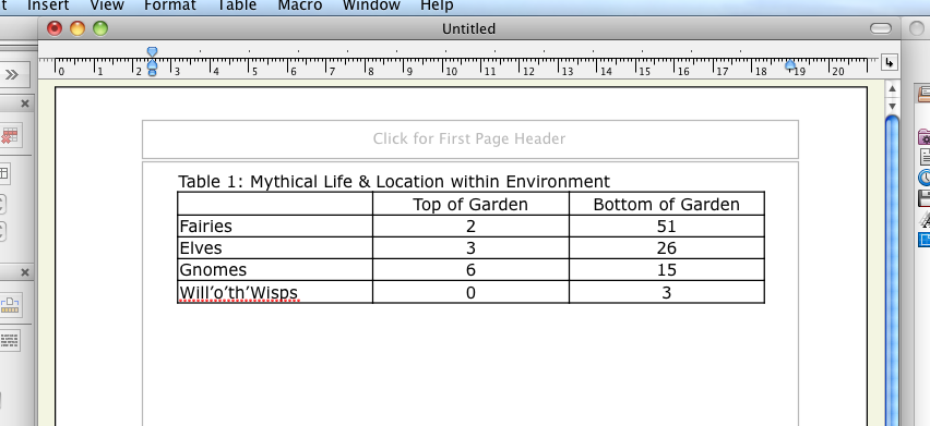 A table with a caption made by adding an extra row, making it one long cell, and making it's outlines &quot;none&quot;.