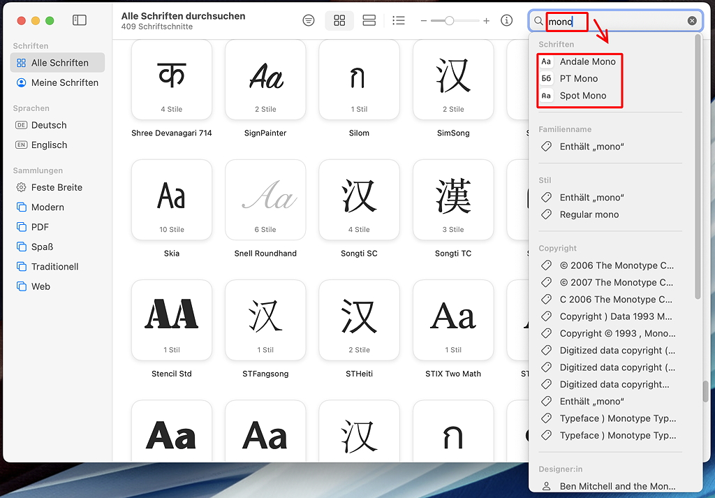 Search result for "Mono" in the Mac Font-Book-App