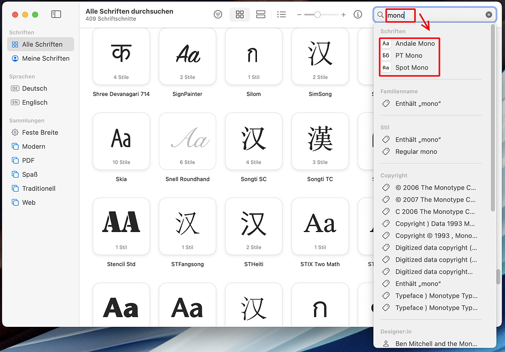 Search result for &quot;Mono&quot; in the Mac Font-Book-App