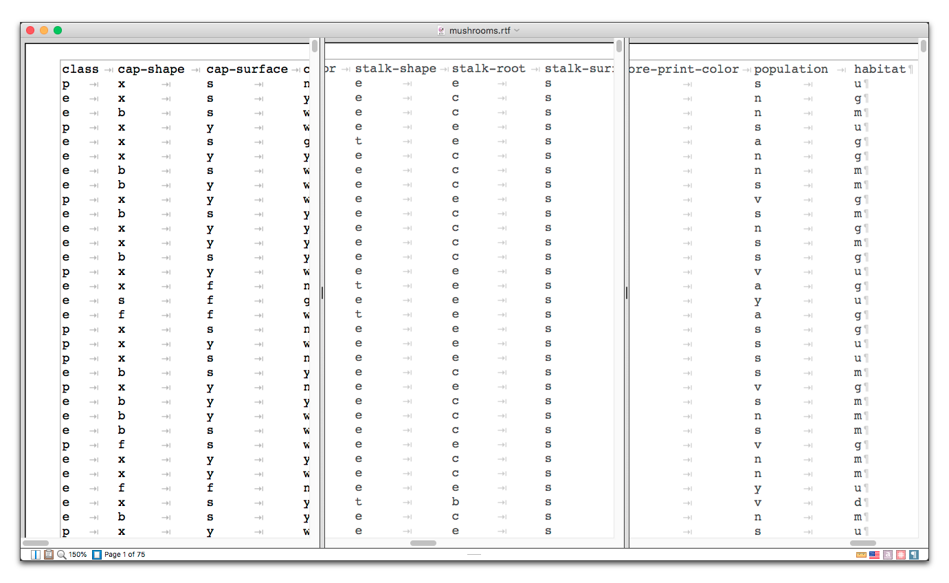 Beginning middle and last columns of a multi-column database on mushroom classification.png