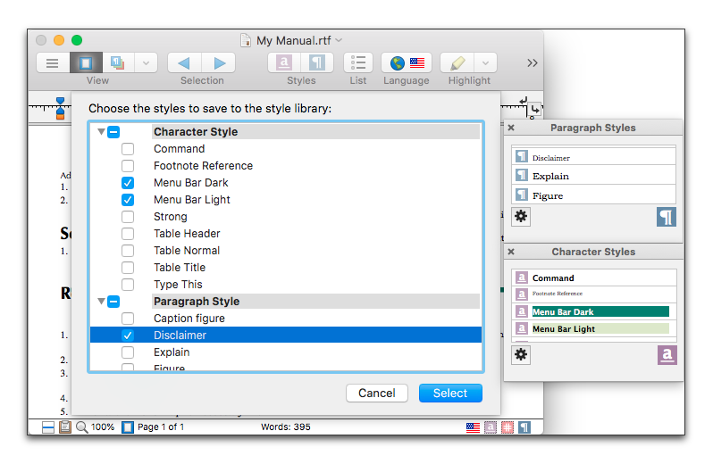 Choosing styles to add to a Style Collection with the Styles palette open.png