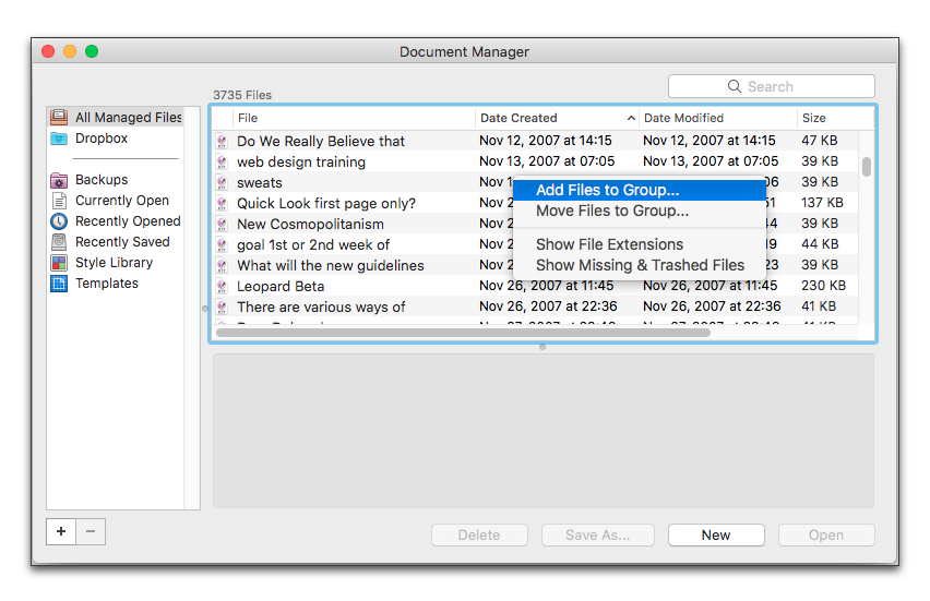 Document Manager sorted by date created with the contextual menu options showing.png