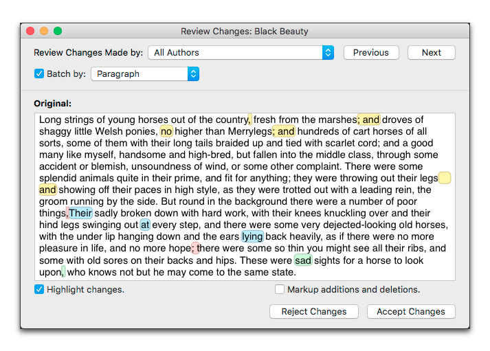 Highlight changes turned on but Markup additions and deletions unchecked.png