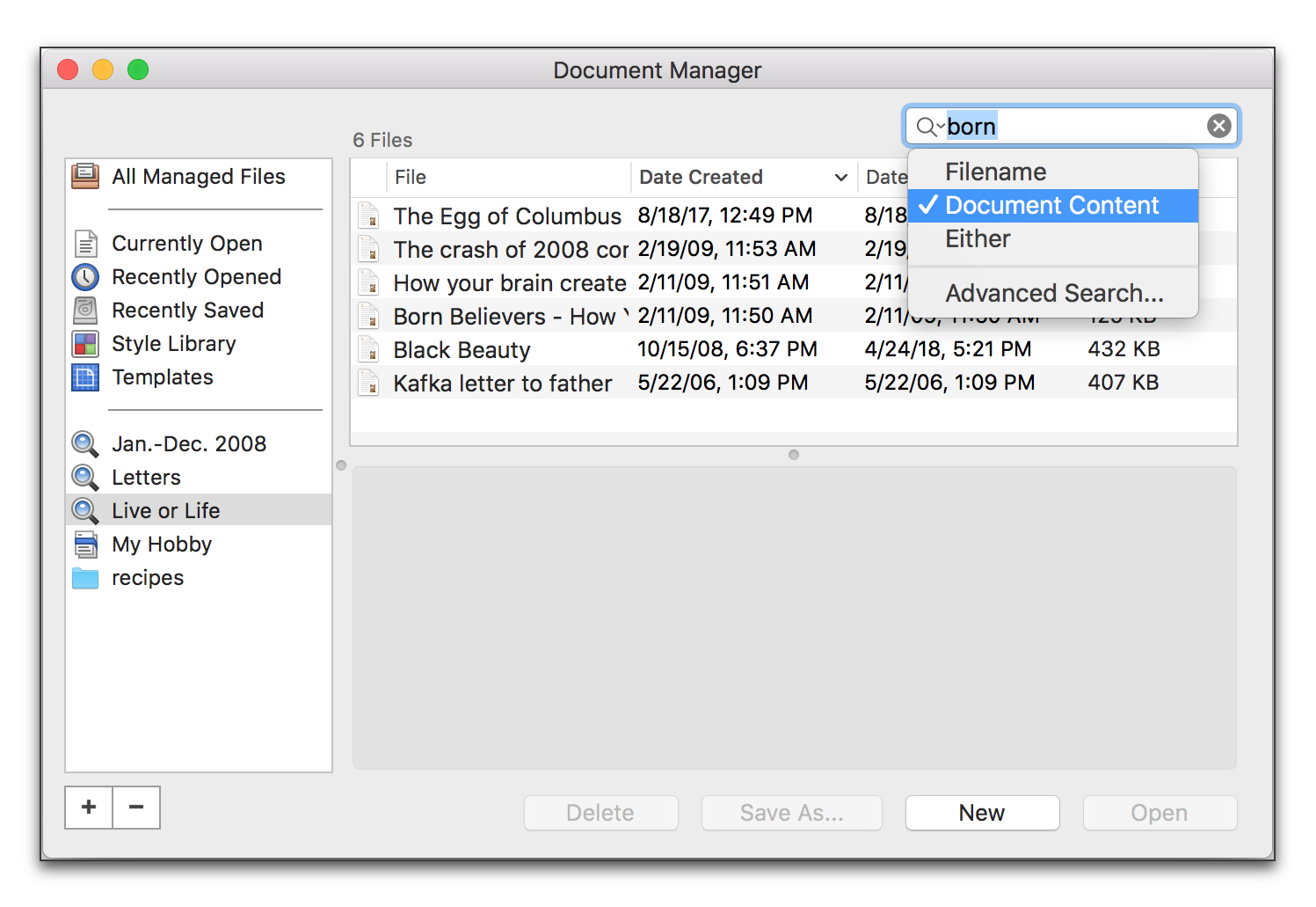 Searching in a filter group of the Document Manager for specific text.png