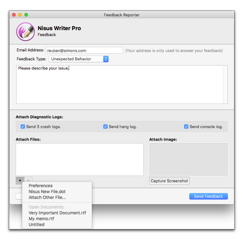 The Attach Files pop-up menu showing the standard Preferences and Nisus New File as well as open documents.png