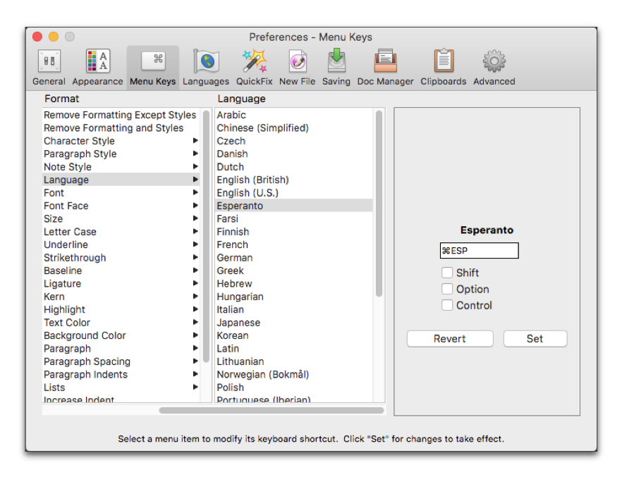 The Menu Keys section of the Preferences dialog.png