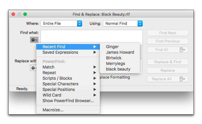 The Recent Find submenu of the Gear menu in the Find:Replace window.png